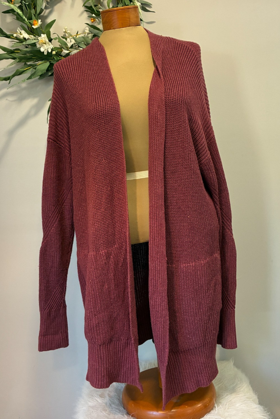 Lululemon Cashlu Cashmere Blend Open Front Ribbed Cardigan Burgundy Red, XL